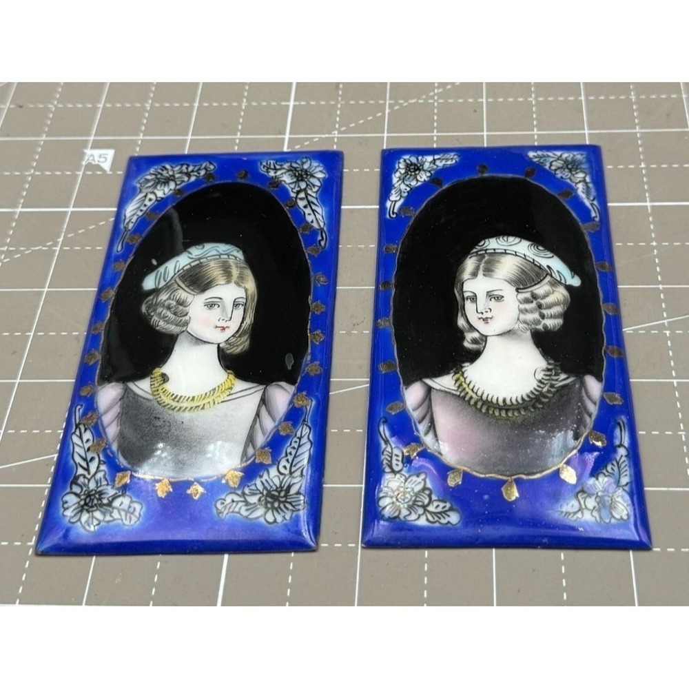 Vintage Enamel on Porcelain Victorian Miniature Lady Portraits 4" Set of 2